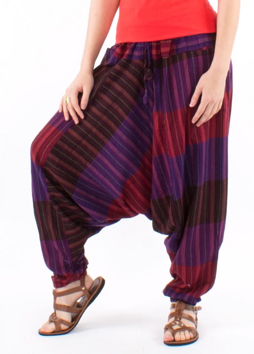 Pantaloni Baba Cool purple in carouri si dungi etnice