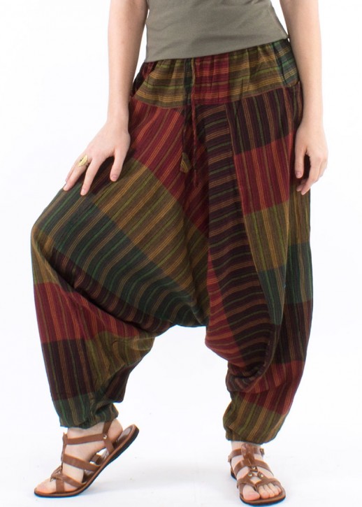 Pantaloni Baba Cool verzi in carouri si dungi etnice