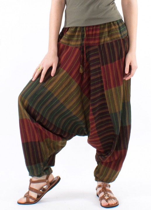 Pantaloni Baba Cool verzi in carouri si dungi etnice